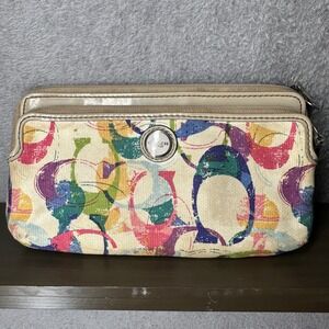 Coach Signature Multi Color C Logo Canvas Wristlet Pouch Wallet Clutch